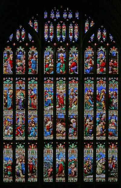 Fødselen og dåpstemaet, 1859 (farget glass) av William Wailes