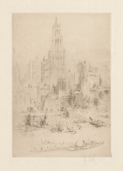 Downtown Manhattan fra East River, med Woolworth Building av William Walcot