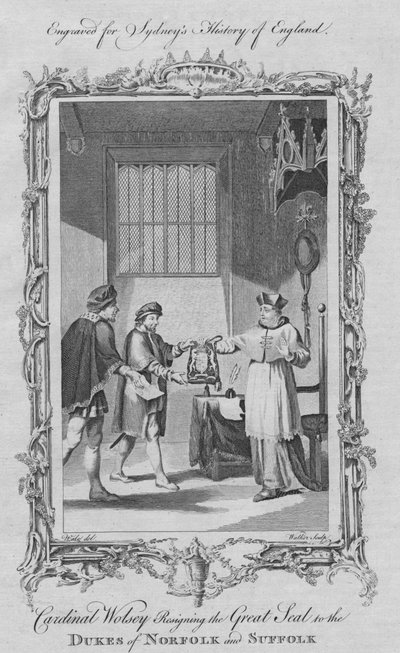 Kardinal Wolsey sa opp det store seglet for hertugene av Norfolk og Suffolk, 1773. av William Walker