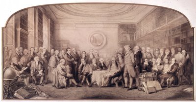 Vitenskapens eminente menn i 1807-1808. Møte i biblioteket til Royal Institute of Sciences, England. Gravering av William Walker og Sir John Gilbert (1817 - 1897) - Eminent Men of Science Living in 1807 - Eminent Men of Science av William Walker