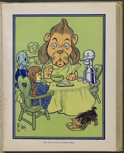 «Løven spiste litt av grøten», illustrasjon fra «Den fantastiske trollmannen fra Oz» av Lyman Frank Baum av William Wallace Denslow