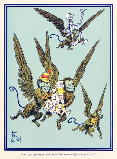 Monkeys fanget Dorothy i armene deres og fløy bort med henne. fra The Wonderful Wizard of Oz av L. Frank Baum av William Wallace Denslow