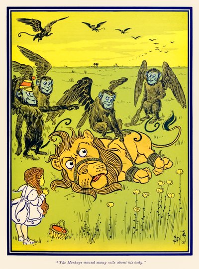 Monkeys viklet mange spoler rundt kroppen hans. fra The Wonderful Wizard of Oz av L. Frank Baum av William Wallace Denslow