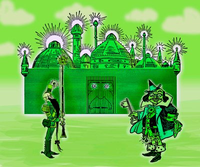 The Wonderful Wizard of Oz - The Wizard of Oz: Redigering av tre bilder av Denslow, William Wallace (1856-1915) for den første utgaven 1900 av Frank Baums bok (1856-1919) - The Emerald City and its two Guardians - farge grønn , grønn - The Emerald City - av William Wallace Denslow