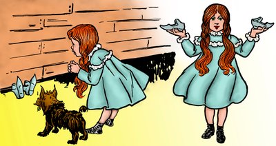 The Wonderful Wizard of Oz - The Wizard of Oz: Rediger to bilder av Denslow, William Wallace (1856-1915) laget for den første utgaven 1900 av Frank Baums bok (1856-1919) - Dorothee (Dorothy), akkompagnert av hunden hans Toto , gjenvinner den magiske sølvsh av William Wallace Denslow