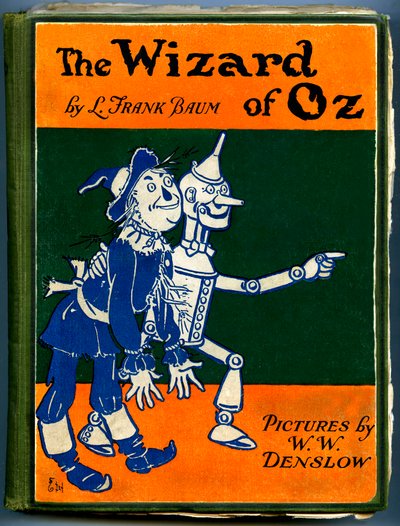 The Wonderful Wizard of Oz - The Wizard of Oz: omslag til en gammel utgave (mellom 1905 og 1920) illustrert av Denslow, William Wallace (1856-1915) av Frank Baums bok (1856-1919) - fugleskremselet og tremannen i tinn - privat samling - av William Wallace Denslow