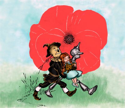 The Wonderful Wizard of Oz - The Wizard of Oz: tegning av Denslow, William Wallace (1856-1915) for en av de første utgavene av Frank Baums bok (1856-1919) - Dorothee (Dorothy) og hunden hans Toto er langt fra dødelige valmuer felt ved fugleskremsel og t av William Wallace Denslow