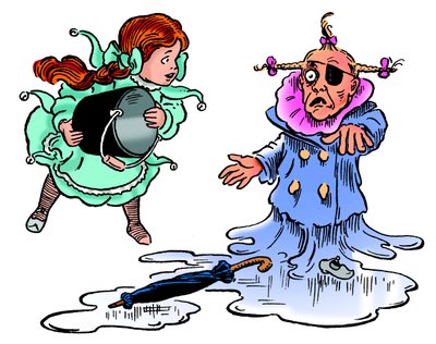 The Wonderful Wizard of Oz - The Wizard of Oz: tegning av Denslow, William Wallace (1856-1915) innser for den første 1900-utgaven av Frank Baums bok (1856-1919) - Dorothee (Dorothy) smelter den stygge heksen fra vesten av kaste en bøtte med vann på henne - av William Wallace Denslow