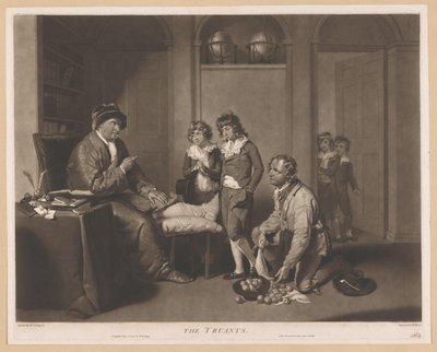 Mann skjenner ut barn og en knelende mann med pærer The Truants (tittel på objekt) av William Ward