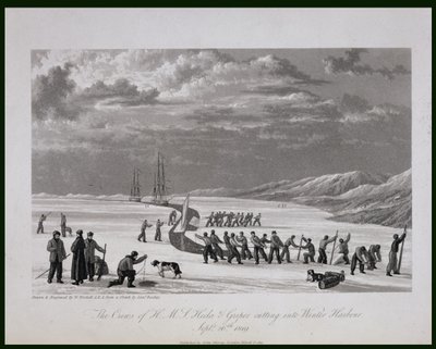 Mannskapene til H.M.S. Hecla und Griper skjærer inn i Winter Harbour, 26. september 1819, fra «Journal of a Voyage for the Discovery of a North West Passage from the Atlantic to the Pacific» utført i t. av William Westall