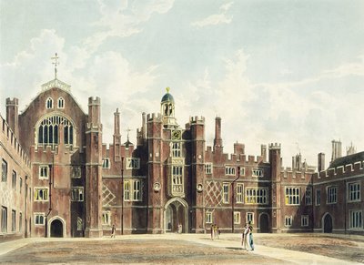 Utsikt over firkanten ved Hampton Court Palace fra Pynes 'Royal Residences' gravert av Thomas Sutherland (f.v.t. 1785), utgitt i 1819 av William Westall