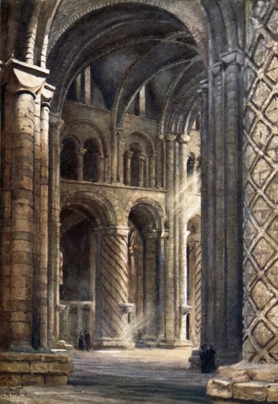 Durham, interiøret i katedralen ser over skipet inn i South Transept (farge litho) av William Wiehe Collins