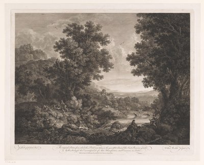 Landskap med figurer rundt et bål og en tegner og shawm-spiller på bredden av en elv Første Premium Landskap av William Woollett