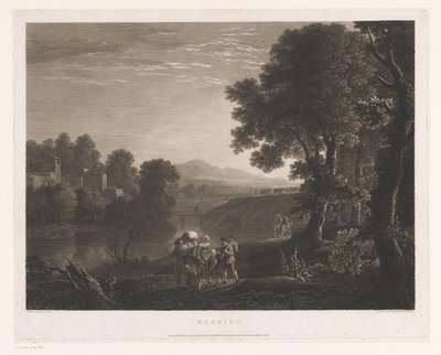 Landskap med hyrder og kvinne på muldyr på bredden av en elv Morgen (tittel på objekt) av William Woollett