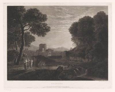 Landskap med port og tårn på bredden av en elv Kveld (tittel på objekt) av William Woollett