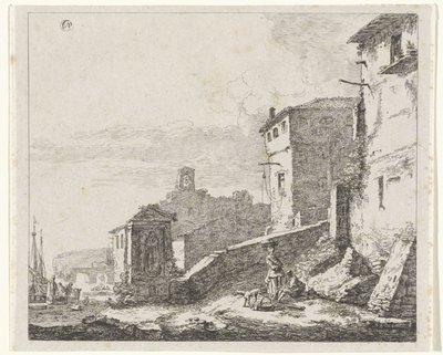Utsikt over en landsby ved en havn av William Young Ottley (possibly)