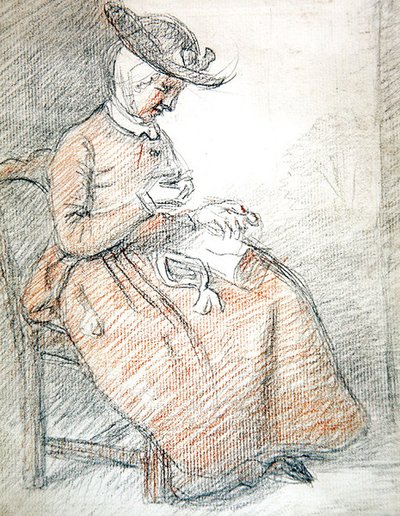 Kvinnesittende sying (rødt og svart kritt på papir) av William of Bath Hoare