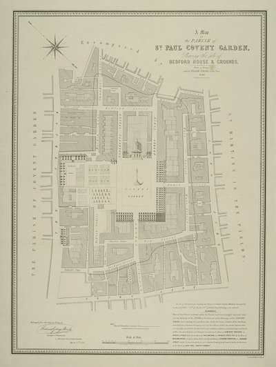 Kart over sognet St. Paul, Covent Garden, som viser stedet for Bedford House og eiendommen, utgitt av W.P. Metchim, 1686 av Willian Leybourn