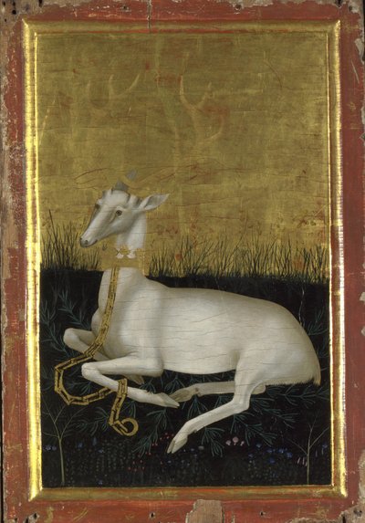 Et hvitt hjerte lenket med en krone rundt halsen. Det ytre panelet til Wilton Diptych, mellom 1395 og 1399 av Wilton Master