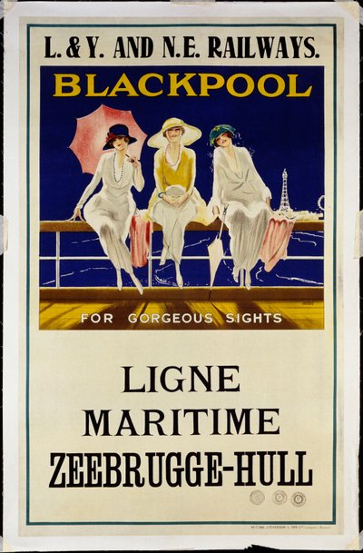 Blackpool, L.& Y. og N.E. Jernbaner, ca. 1930 (litografi i farger) av Wilton Williams