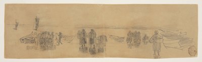 Strand med fire fiskebåter, Cullercoats, England av Winslow Homer