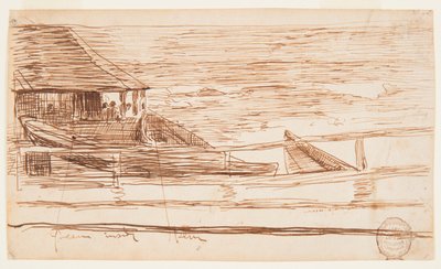 Tegning, Hus ved et rekkverk med strandede dorier, Cullercoats, England, 1881 av Winslow Homer
