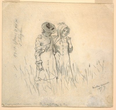 Tegning, To jenter på et jorde, 1879 av Winslow Homer