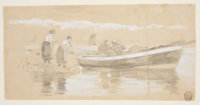 Fisker og kvinner som stuver garn i en strandet dory, Cullercoats, England av Winslow Homer