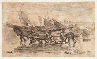 Fishermen Beaching a Dory, Cullercoats, England av Winslow Homer