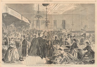 Stor messe gitt på byens forsamlingslokaler, New York, desember 1861, til hjelp for byens fattige; fra Harper av Winslow Homer