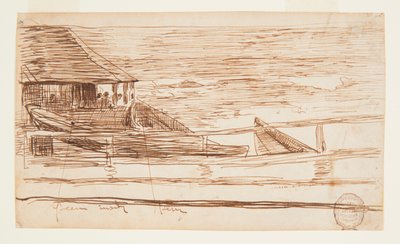 Hus ved et rekkverk med strandede dories av Winslow Homer