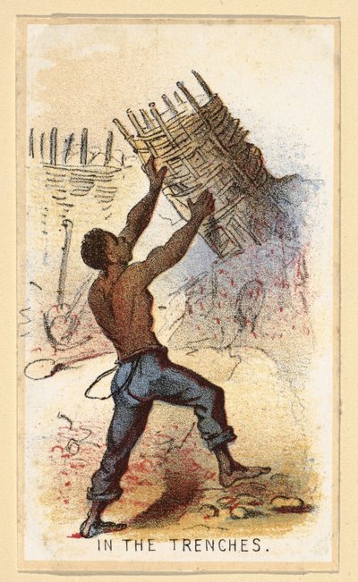 In The Trenches fra en serie med samlerkort kalt Life in Camp, pub. 1864 (farge litho) av Winslow Homer