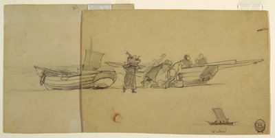 Menn og kvinner som losser en Fishing Dory, Cullercoats, England av Winslow Homer