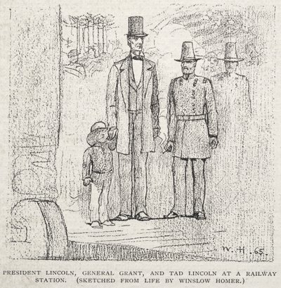 President Lincoln, general Grant og Tad Lincoln på en jernbanestasjon av Winslow Homer
