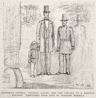 President Lincoln, General Grant og Tad Lincoln på en jernbanestasjon, 1887. av Winslow Homer