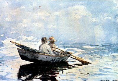 Roing the Boat, 1880 (wc på papir om bord) av Winslow Homer