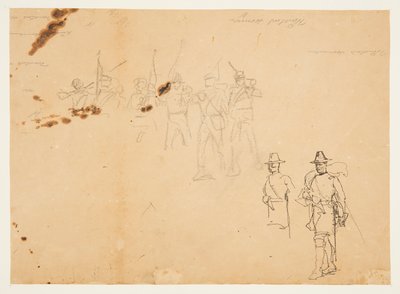 Skisser av enkle infanterifigurer og øvingssignaturer av Winslow Homer