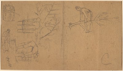 Soldater som feller frø og vever unger i kurver [verso], 1862. av Winslow Homer
