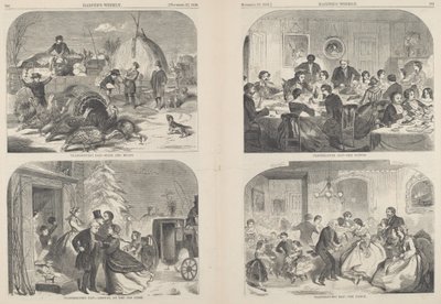 Thanksgiving Day - Ways and Means [øverst til venstre], utgitt 1858. av Winslow Homer