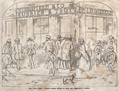 The Cold Term, Boston - Scene, Corner Milk and Washington Streets, 1858. av Winslow Homer