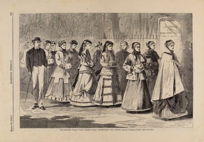 Morgenvandringen – Unge damers skole som promenerer langs avenyen, fra Harper#39;s Weekly, 28. mars 1868 av Winslow Homer