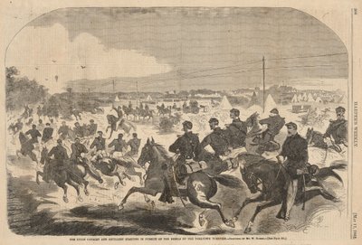 Unionens kavaleri og artilleri innleder forfølgelsen av opprørerne langs Yorktown Turnpike, fra Harper