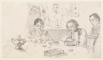 Tre kinesiske menn som spiller domino i et klubbhus på Baxter Street, New York City av Winslow Homer