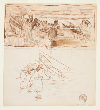 To studier av kvinner som står bak rekkverk, ser på lanseringen av Dories, Cullercoats, England av Winslow Homer