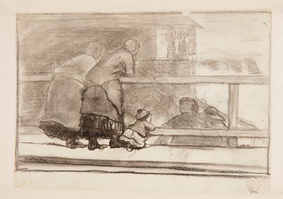 To kvinner og et barn ved en jernbane, med utsikt over stranden ved Tynemouth av Winslow Homer