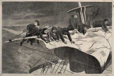 Vinter til sjøs - Tar inn seil utenfor kysten, 1869. av Winslow Homer