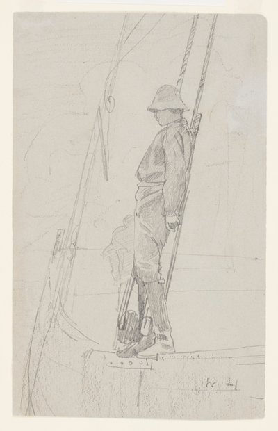 Ung mann lener seg mot seilbåtrigging av Winslow Homer