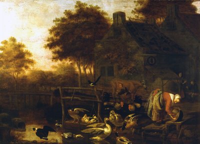 Country Scene in Holland (gård med mange dyr og en bonde som melker en ku) av Wintrack the Young av Wintrack the Younger