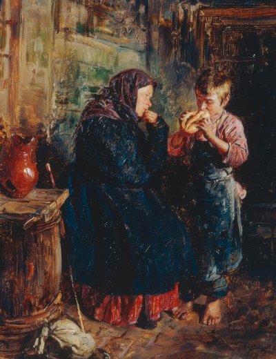 Gammel kvinne og gutt med brød av Wladimir Jegorowitsch Makowski