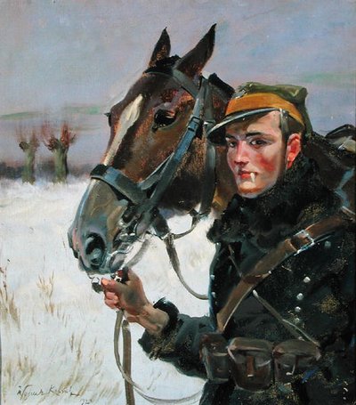 Soldat med hest av Wojciech Kossak